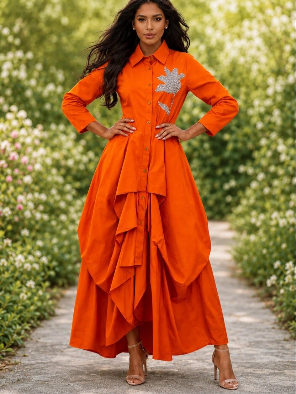 Women's Orange Ruffle Button-Front Maxi Dress